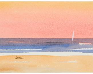1337
Anne Sammis
(20th Century)
Coastal scene at sunset
Watercolor on paper
Signed lower left: Sammis
Sight: 5.75" H x 8.125" W
Estimate: $150 - $250