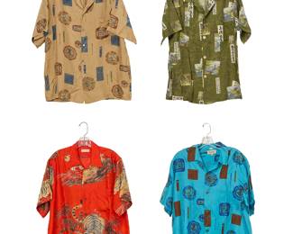 1096
Four vintage Hawaiian short-sleeved silk shirts
Mid/late 20th century
Variously labeled for maker and for silk
Comprising a "Pauline Lake at the Royal Hawaiian" red silk shirt with crouching tiger motif, and three "Andrade Resort Shops Waikiki" silk shirts in various colors with ornamental motifs
4 pieces
Each: half chest: 24" to 25" approximately; center back lengths: 29" - 30"
Estimate: $200 - $400