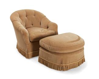 1259
A Contemporary upholstered tub armchair and ottoman
Mid/late 20th century
The chair with tufted back, each with gold trimming and lower edge fringe
2 pieces
Armchair: 33" H x 35" W x 36" D; Ottoman: 19" H x 38" W x 24" D
Estimate: $100 - $150