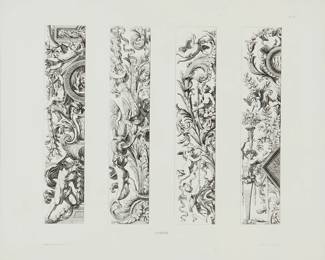 Back to catalog
1111
After Jean Lepautre
(1618-1682)
Four architectural decorations, plate 81 from "Collection des plus belles compositions de Lepautre," by Alfred Pierre Hubert Decloux and Doury, circa 1854
Engraving on paper
From the edition of unknown size and date, presumably one of the later printings
With the names of the artist, printers and publisher in the plate below the image; the plate number printed in the upper right corner of the plate; Decloux and Doury, Paris, pub.
Plate: 10.5" H x 12" W; Sight: 11.25" H x 14" W
Estimate: $50 - $100