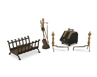 1199
A group of fireplace tools
19th/20th century
Comprising a wrought-iron firewood holder with scrolled sides and feet (12.5" H x 22" W x 18" D), a pair of turned brass and iron andirons (Each: 18" H x 8" W x 16.5" D), a set of brass and iron fireplace tools including a stand, shovel, a pair of tongs, and an associated brush (Overall: 29" H), a brass-mounted iron coal hod (16" H x 11" W x 19" D), and a pair of brass charcoal chopsticks (hibashi), each with a small chain on one end and a concealed striker on the other (Each: 17.75" L)
10 pieces
Estimate: $300 - $500