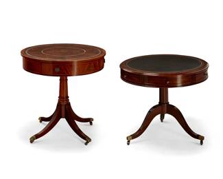 1249
Two Regency-style mahogany drum tables
Early/mid-20th century
Comprising one by Kittinger with four drawers with twisted ring pulls, and one with six drawers with round knob pulls, each with inset tooled leather surface and raised on pedestal-style standard with four curvilinear legs on brass casters
2 pieces
Larger: 29" H x 28" Dia.; Smaller: 25" H x 29.5" Dia.
Estimate: $200 - $300