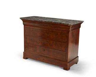 1281
A Louis Philippe mahogany commode
19th century
The burlwood veneer chest with four locking drawers, each interior with later moiré lining, surmounted by a later marble top
37.5" H x 51" W x 22.5" D
Estimate: $400 - $600