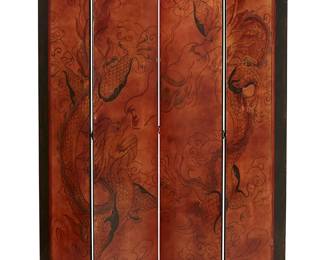1060
A Chinese polychrome-painted wood four-panel screen
20th century
One side decorated with dragons, the other side with Chinese characters on a black ground
Each panel: 79" H x 16.5" W
Estimate: $400 - $600