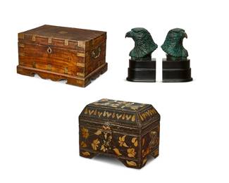 1076
Two storage chests and a pair of eagle head bookends
20th century
Comprising a wood letter box with brass opposed handles and hardware raised on bracket feet, the hinged lid opening to reveal a letter rack under lid and six hinged compartment doors, an ebonized wood lidded chest inlaid with bone accents, and a pair of verdigris patinated metal eagle head-form bookends set on composite bases
4 pieces
Letter box: 8" H x 14.75" W x 10.5" D; Each bookend: 8" H x 5" W x 4.5" D
Estimate: $250 - $350