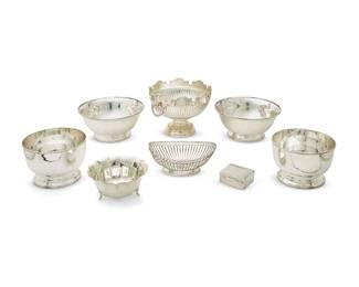 1344
A group of silver-plated and metal bowls
20th century
Most variously marked for maker
Comprising a silver-plated monteith, a group of Michael Aram metalware including a candy dish, a salad bowl, and a pair of salad servers, a group of Ralph Lauren silver-plated items including a pair of Revere-style bowls and a covered box, a scalloped footed bowl, and a bread basket
16 pieces
Largest: 9" H x 16" W x 14" D; Each utensil: 9.75" L
Estimate: $200 - $300