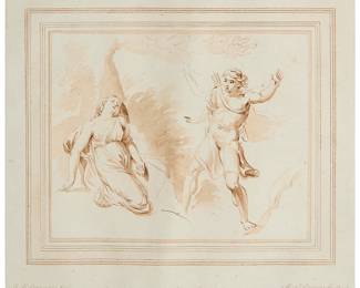 1108
After Giovanni Battista Cipriani
(1727-1785)
Cephalus and Procris, plate 3 from "A Collection of Prints, after the Sketches and Drawings of the Late Celebrated Giovanni Battista Cipriani, Esq., R.A.," by Richard Earlom, 1786
Stipple engraving and aquatint in sepia on paper
From the edition of unknown size
With the name of the artist, printer, and publisher, as well as the plate number, all printed in the plate below the image; published by John and Josiah Boydell, London, in 1789
Image: 6" H x 7.5" W; Plate: 8.5" H x 10" W; Sight: 10" H x 11.25" W
Estimate: $50 - $100