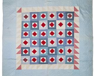 1067
An American patchwork quilt
Late 20th century
Marked in black pen to one corner verso: TD / 1999
Comprising a pieced cotton quilt featuring an all-over "Square in a Square" pattern in floral, striped, and checked cotton fabric in reds, white and blues, with a contrast triangle motif inner border, a pale blue floral print wide border, and a pink printed floral cotton backing, with hand quilting throughout
90.5" H x 89.5" W
Estimate: $100 - $200