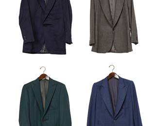 1080
A group of custom-tailored men's sport jackets
Late 20th/21st century
Variously labeled for maker/tailor, date, and fabric
Comprising four tailored wool jackets in various colors, styles, and fabrics including blue tweed from Holland & Sherry, Savile Row London, grey tweed, green and black herringbone tweed, and navy wool flannel, by various makers including Y. William Yu, Hong Kong/New York, Samuelsohn, Canada, and Morty Sills, New York
4 pieces
Each: half chest: 22-21"; center back: 30-31"; sleeve: 25-23.5" approximately
Estimate: $300 - $500