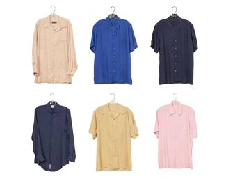 1238
A group of men's linen and silk shirts
Late 20th/21st century
Variously marked for maker and for fabric
Comprising a group of four Turnbull & Asser short-sleeved linen shirts in various colors including pale pink, pale gold, French blue, and navy, as well as a custom Brooks Brothers long-sleeved navy linen shirt, and a Sulka Italy long sleeved blush pink silk twill shirt
6 pieces
Each: half chest: 21-24"; center back: 30-31"; sleeve: 10-25.5"
Estimate: $50 - $100