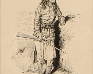 1022
John R. Chapin
(1823-1904)
"Mangus, Chiricahua Chief" (Apache)
Ink on paper
Signed with initials in ink in the lower left corner of the image: JRC; titled in pencil and inscribed "(p. 417)" lower center below the image
Sight: 9" H x 6" W
Estimate: $500 - $700