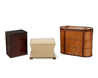 1188
Three lidded hampers
Late 20th/early 21st century
Comprising an upholstered storage bin, a bamboo laundry hamper, and an ebonized wood laundry hamper
3 pieces
Bamboo: 28.75" H x 34" W x 14.75" D; Storage: 17.5" H x 25" W x 18" D
Estimate: $100 - $200
