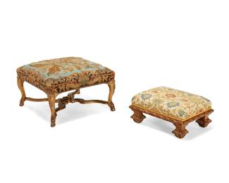 1287
A Louis XV-style giltwood tabouret and a Louis XIV-style giltwood stool
20th century
The carved giltwood tabouret with foliate-carved acanthus legs joined by an X-form acanthus stretcher, with hoof feet, the seat upholstered in needlepoint floral motif fabric, the low stool with carved giltwood molding and waisted square feet, upholstered in a floral pattern fabric
2 pieces
Tabouret: 16" H x 26" W x 25" D; Footstool: 10.5" H x 21.5" W x 15.5" D
Estimate: $300 - $500