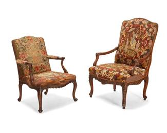 1201
Two Régence-style tapestry upholstered fauteuils
19th century
The carved wood armchairs with tapestry upholstered seats and backs featuring scrolled foliate, avian, and figural motifs
2 pieces
Taller: 46" H x 29" W x 29" D; Shorter: 35" H x 27" W x 24" D
Estimate: $400 - $600