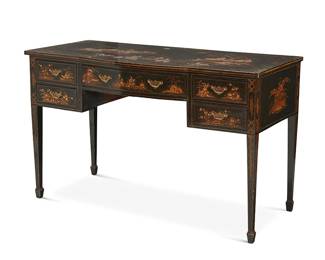 1151
A Regency-style black and gilt japanned wood desk
Early/mid-20th century
Fitted with five drawers, each drawer interior with later moiré lining, featuring gilt Chinoiserie village scenes with figures, raised on square legs with spade feet
30.5" H x 49.75" W x 23" D
Estimate: $500 - $700