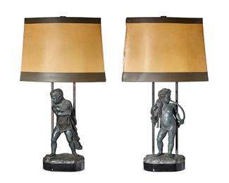 1170
A pair of spelter figural table lamps
20th century
Each single-light lamp in the form of a youth, one depicted as a hunter and the other depicted as a fisherman, each surmounted by a stiff paper shade, electrified
2 pieces
Each lamp without harp or shade: 25.5" H x 9" W x 6" D; Each shade: 12.75" H x 17.5" W x 12" D
Estimate: $300 - $500