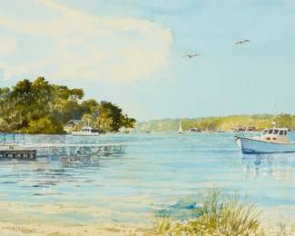1335
Bert Wright
(b. 1930)
Martha's Vineyard coastal scene
Watercolor on paper
Signed lower left: Bert Wright; with the artist's ink address stamp in Ealing, London, on the frame's backing paper
Sight: 13" H x 18.75" W
Estimate: $400 - $600