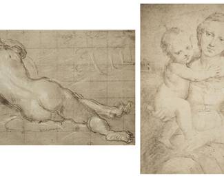 1113
Two Late 20th Century Reproductions of Old Master Drawings
Two works:
After Jacopo Tintoretto
Back view of a reclining woman, with grid lines
Archival pigment print in colors on paper
Sight: 9.5" H x 14.25" W
After School of Raphael in the collection of the Uffizi Gallery, Florence, Italy
Madonna and Child
Archival pigment print in colors on paper
Sight: 13.25" H x 9.625" W
Estimate: $100 - $200