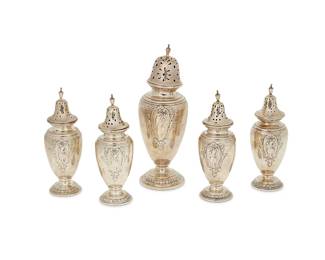 1354
A set of Gorham sterling silver salt and pepper shakers and sugar caster
Late 19th/early 20th century
Each marked for Gorham and for sterling
The footed items, each with pierced lid and repoussé neoclassical motifs, comprising four salt and pepper shakers and a sugar caster, personalized
5 pieces
Each shaker: 5.25" H x 1.75" Dia.; Caster: 7.125" H x 2.5" Dia.
Total weight: 18.2 oz. troy approximately
Estimate: $400 - $600