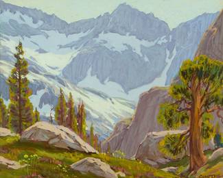 1263
Leland Curtis
(1897-1989)
"Kern-Kaweah Divide, Sierra Nevada Mountains"
Gouache on board
Signed lower right: Leland Curtis; signed again, titled, and inscribed on old backing paper affixed verso: "A token of esteem / and admiration / to Dr. Charles F. Aked / from Leland Curtis / April, 1931 / "Kern-Kaweah Divide" (Sierra Nevada Mts.) / by Leland Curtis / Los Angeles / Kern-Kaweah Divide"
Sight: 4.75" H x 5.75" W
Estimate: $500 - $700