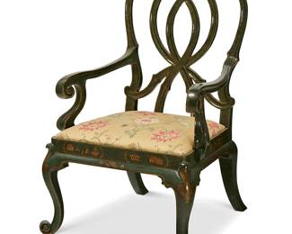 1331
A Chinese Chippendale-style open armchair
20th century
The green and gold japanned armchair with a ribbon back above a yellow floral upholstered slip seat, raised on front cabriole legs with scrolled feet
42" H x 28.5" W x 23" D
Estimate: $200 - $300