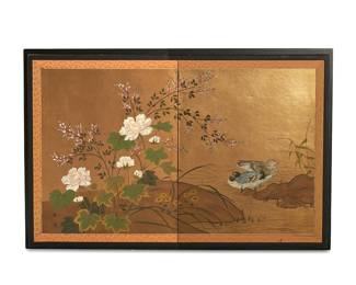 1028
A Japanese Kano-style two-panel screen
Circa 1920
Mineral pigments and gold leaf on board, depicting flowers on a shore with nearby floating waterfowl, mounted on an ebonized board
Image: 26" H x 43.25" W; Screen: 30.5" H x 47.75" W
Estimate: $200 - $300