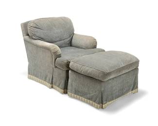 1104
A Contemporary upholstered armchair and ottoman
Late 20th century
Each with pale blue fabric upholstery and apron pleated at corners
2 pieces
Armchair: 32" H x 32" W x 40.5" D; Ottoman: 18" H x 30" W x 23" D
Estimate: $100 - $150
