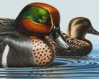 1021
Lawrence Ken Michaelsen
(1936-2016)
A pair Green-Winged Teal ducks, for the USPS "Duck Stamp" series, 1978
Gouache and watercolor on paper
With the stylized signature and date lower right: Michaelsen © 1978
Sight: 9" H x 13" W
Estimate: $300 - $500