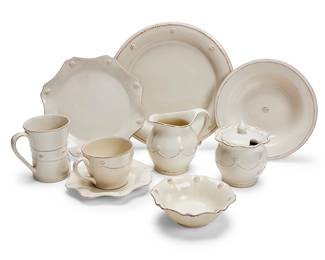 1250
A Juliska ceramic 'Berry and Thread Whitewash' part dinner service
Early 21st century
Each marked in relief: Juliska
Comprising three 11" dinner plates, three 9" salad plates, four 8.625" soup bowls, four berry bowls,
five coffee cups with six saucers, six mugs, two cream jugs, and two covered sugars
35 pieces
Estimate: $200 - $300