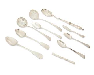 1013
A group of miscellaneous English sterling silver serving utensils
18th/19th/20th century
Each marked for sterling and for various makers
Comprising ladles, serving spoons, knives, and a serving fork, one knife with a mother of pearl handle
10 pieces
Largest: 18" L
Total weight: 39.7 oz. troy approximately
Estimate: $1,200 - $1,800
