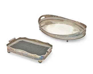 1350
A group of metal serving trays
20th century
Including a gilt-metal oval tray, a gilt-metal oblong tray with scroll handles, and three large silver-plated galleried trays
5 pieces
Largest: 5.25" H x 30" W x 21" D; Smallest: 15.75" W x 11" D
Estimate: $100 - $150