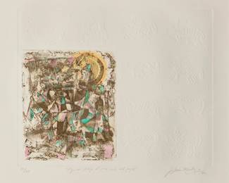 1112
J. Jesús Montez
(20th Century)
"Alguien dibuja al otro lado del papel," 1992
Etching and intaglio in colors on paper
Edition: 80/150
Signed, titled, dated, and numbered in pencil in the lower margin: J. Jesús Montez / 92
Plate: 14.75" H x 18.5" W
Estimate: $300 - $500