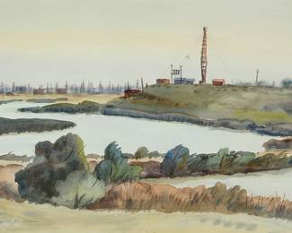 1228
Reginald Johnson
(1905-1984)
"Oil Fields - Drilling Rigs," 1942
Watercolor on paper
Signed and dated lower left: Reginald Johnson -1942-; titled on a label affixed to the frame's backing paper; an unidentified oval blindstamp in the lower left corner: Gilbert [indistinct] France
Sight: 14" H x 20" W
Estimate: $400 - $600