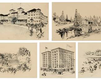 1024
Carl N. Werntz (1874-1944)
Five works:
A Pasadena garden
Ink on paper
Appears unsigned
Sight: 10.5" H x 16.75" W
The Raymond Hotel, South Pasadena
Ink on paper
Signed in ink at the center of the right edge: Werntz; inscribed in pencil lower left: "1 Zinc / 3 - Proofs"
Sight: 11.75" H x 19" W
Bathers at North Beach bath house, Santa Monica
Ink on paper
Partially signed in ink at the center of the right edge: We
Sight: 11" H x 13" W
The Angeles Hotel, Los Angeles
Ink on paper
Appears unsigned
Sight: 11" H x 11" W
Oil wells, Los Angeles
Ink on paper
Signed in ink in the lower portion of the right edge: Werntz
Sight: 12" H x 17" W
Estimate: $500 - $700