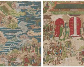 1205
Two Chinese painting fragments on silk
Late 19th century
One depicting the sky with figures; the other depicting a temple scene with scholars and demons
Each appears unsigned
2 pieces
Sight of each: 27.5" H x 27.5" W
Estimate: $500 - $700