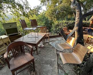 Vintage library table and chairs. vintage set of four "Emilio Nanni" chrome and laminated curved zebra wood dining or game table chair