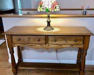 *PRE-SALE: OAK ATHENS FURNITURE. 4 Piece Set Includes  The Coffee Table matches the 2 Side Tables and the Sofa Table  with the Star Pattern & Gingerbread detail. 
-The Coffee Table is 49 inches long, 25 1/2 inches wide and 18 inches tall.
-The 2 Side Tables are 20 1/2 inches long, 25 1/2 inches wide and 24 inches tall.
-The Sofa Table is 47 inches long, 16 inches deep and 29 inches tall.
All 4 pieces $350 
