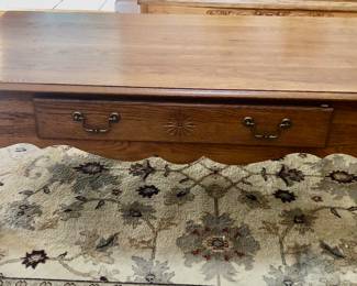 *PRE-SALE: OAK ATHENS FURNITURE. 4 Piece Set Includes  The Coffee Table matches the 2 Side Tables and the Sofa Table  with the Star Pattern & Gingerbread detail. 
-The Coffee Table is 49 inches long, 25 1/2 inches wide and 18 inches tall.
-The 2 Side Tables are 20 1/2 inches long, 25 1/2 inches wide and 24 inches tall.
-The Sofa Table is 47 inches long, 16 inches deep and 29 inches tall.
All 4 pieces $350 
