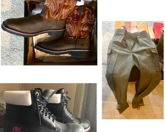 WWII Wool Pants, Wolverine Cowboy Boots, Timberline Boots, Men's Clothes, Ties, Shoes, Suits, Pants, Shirts, Sweaters, Jackets, Coats, Mostly Size Large