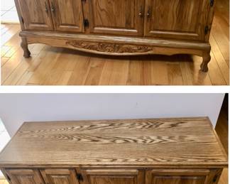 Oak TV Cabinet / Credenza is 60 inches long, 21 inches deep and 29 inches tall. It has 2 cabinets with shelves inside $150