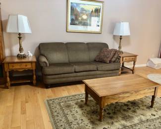 *PRE-SALE: OAK ATHENS FURNITURE. 4 Piece Set Includes  The Coffee Table matches the 2 Side Tables and the Sofa Table  with the Star Pattern & Gingerbread detail. 
-The Coffee Table is 49 inches long, 25 1/2 inches wide and 18 inches tall.
-The 2 Side Tables are 20 1/2 inches long, 25 1/2 inches wide and 24 inches tall.
-The Sofa Table is 47 inches long, 16 inches deep and 29 inches tall.
All 4 pieces $350 
