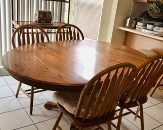 *PRE-SALE: Oak Kitchen Table is 65 inches long, 49 inches wide and 29 inches tall. It is oval with the 17 3/4 Leaf. Includes 4 Oak Chairs $225  There are 3 More Similar (But Different) Oak Chairs we are selling for $20 Each
