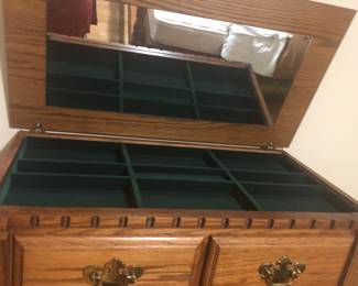 PRE-SALE: Richardson Brothers Bedroom Furniture Set includes 5 pieces.  The Long Dresser with Mirror is 64 1/2 inches wide,19 inches deep, just the base is 36 inches tall, including the mirror it is 77 inches tall.
Tall Lift Top Dresser (Hidden Jewelry Compartment) is 35 1/2 inches wide, 19 inches deep and 51 inches tall. 
The 2 Nightstands are 24 inches wide,17 inches deep and 27 1/2 inches tall.
The Queen Size 4 Post Bed is Beautiful. The Headboard & Footboard are both 64 inches wide, 52 inches tall.  All 5 Pieces $800
