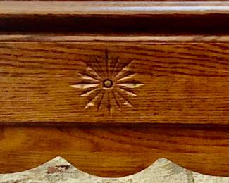 *PRE-SALE: OAK ATHENS FURNITURE. 4 Piece Set Includes  The Coffee Table matches the 2 Side Tables and the Sofa Table  with the Star Pattern & Gingerbread detail. 
-The Coffee Table is 49 inches long, 25 1/2 inches wide and 18 inches tall.
-The 2 Side Tables are 20 1/2 inches long, 25 1/2 inches wide and 24 inches tall.
-The Sofa Table is 47 inches long, 16 inches deep and 29 inches tall.
All 4 pieces $350 
