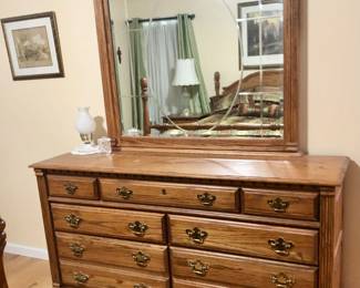PRE-SALE: Richardson Brothers Bedroom Furniture Set includes 5 pieces.  The Long Dresser with Mirror is 64 1/2 inches wide,19 inches deep, just the base is 36 inches tall, including the mirror it is 77 inches tall.
Tall Lift Top Dresser (Hidden Jewelry Compartment) is 35 1/2 inches wide, 19 inches deep and 51 inches tall. 
The 2 Nightstands are 24 inches wide,17 inches deep and 27 1/2 inches tall.
The Queen Size 4 Post Bed is Beautiful. The Headboard & Footboard are both 64 inches wide, 52 inches tall.  All 5 Pieces $800
