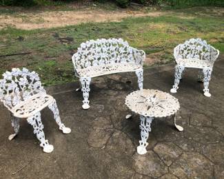 Vintage midcentury grapevine and leaf cast iron patio garden chairs, bench and table