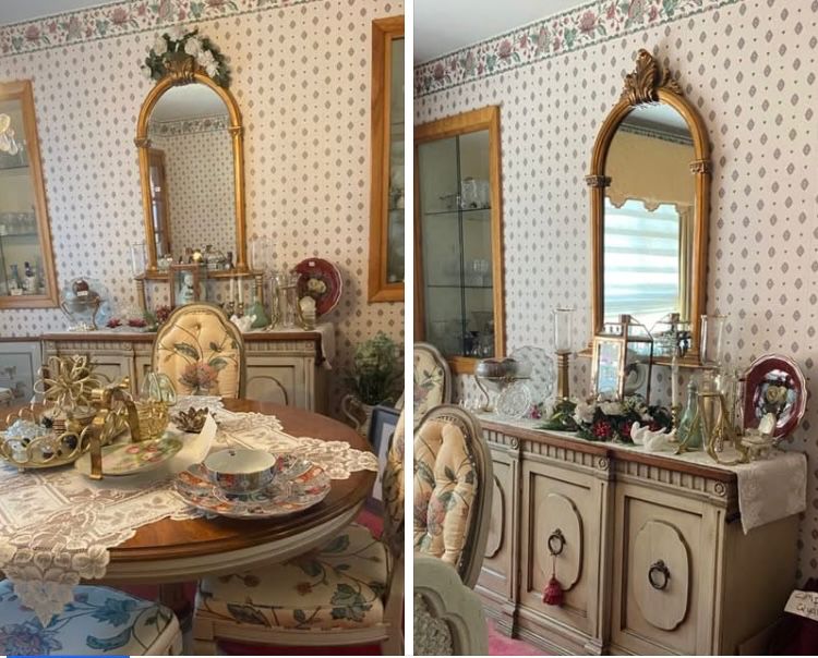 Shabby chic dining room set with large two leaf table, upholstered cane back chairs and matching buffet with wood top