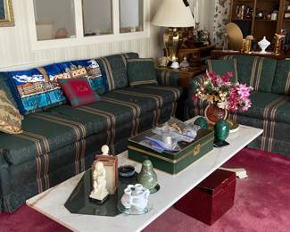 Elegant three cushion couch with matching two cushion loveseat, Imperial marble 5 1/2’ coffee table, green paisley side chair, oriental side chairs, lamps, set of two French provincial Harmony leather top side tables