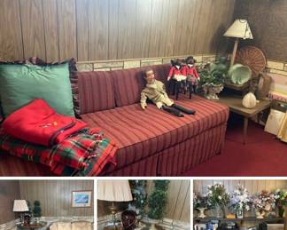 Rec room full of great items including vintage end and side tables, MCM coffee table, great MCM credenza/server with eight file cabinet drawers
