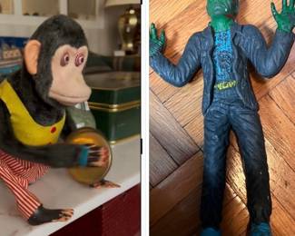 A couple of our vintage toys -1973 AHI Frankenstein monster rubber jiggler and Jolly Chimp cymbal player......and YES the monkey does really play those cymbals!